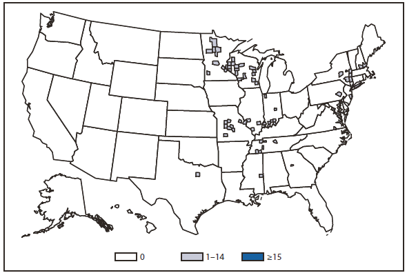 EHRLICHIOSIS - This figure is a map of the United States that presents the number of Ehrlichiosis (undetermined) cases by county in 2010.